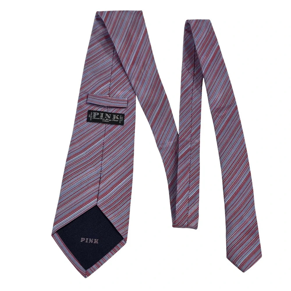 Thomas Pink London Mens Silk Tie Red Blue Grey Striped Made in France Classic